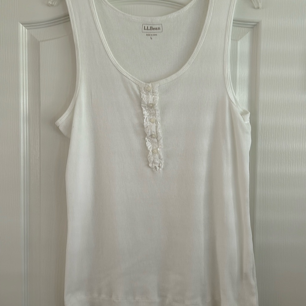 LL Bean While Tank Top with Ruffle and Button Accents NWOT